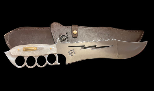 11 inch Brass Knuckle Lightning Bolt Blade w Golden Bullet White Handle