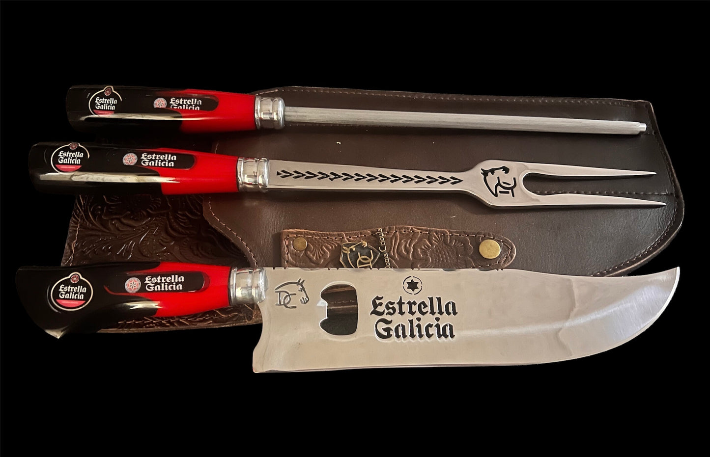 Estrella Galicia BBQ Set - 10 inch Knife , Fork and Honing Steel