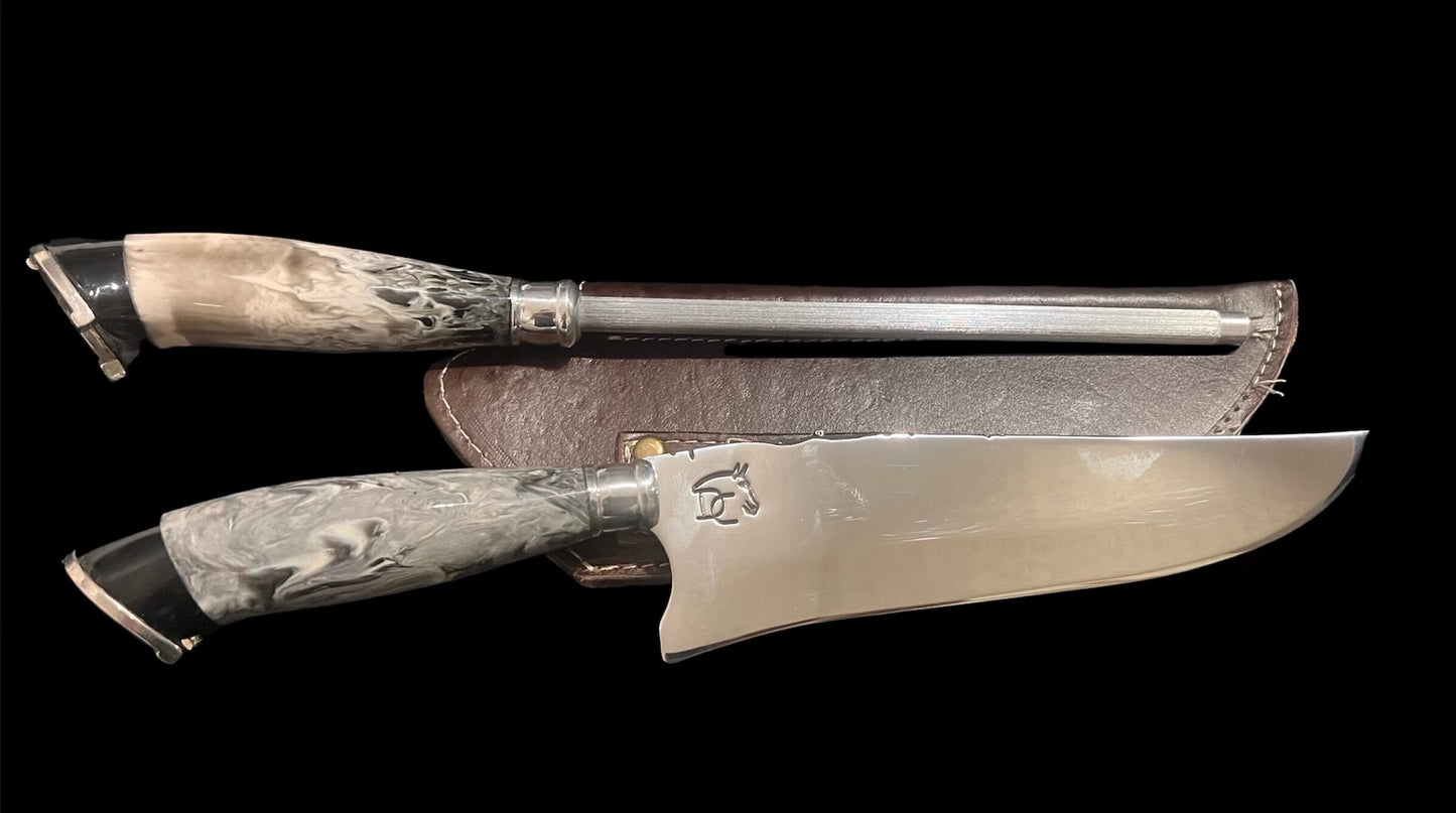 8 inch white horse knife with honing steel